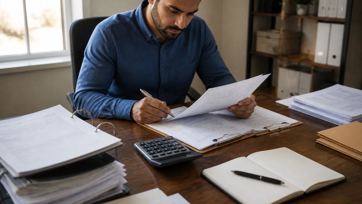 Small business owner at desk reviewing organized tax documents and checklist with calculator, files, and notebook in natural office lighting