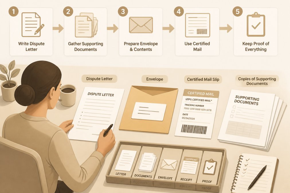 Person at a desk preparing documents for mailing, with a dispute letter, envelope, certified mail slip, and copies of supporting documents spread out, showing organization and documentation process