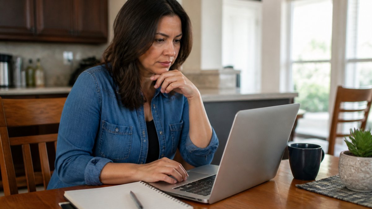 A person reviews a credit report on a laptop to identify medical collections as part of a step-by-step audit process.