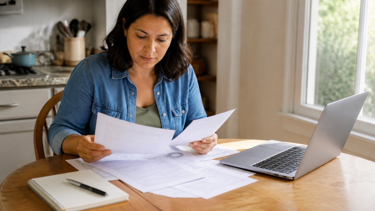 A person at a kitchen table reviewing printed credit reports next to an open laptop, a notebook and pen within reach, soft daylight from a window